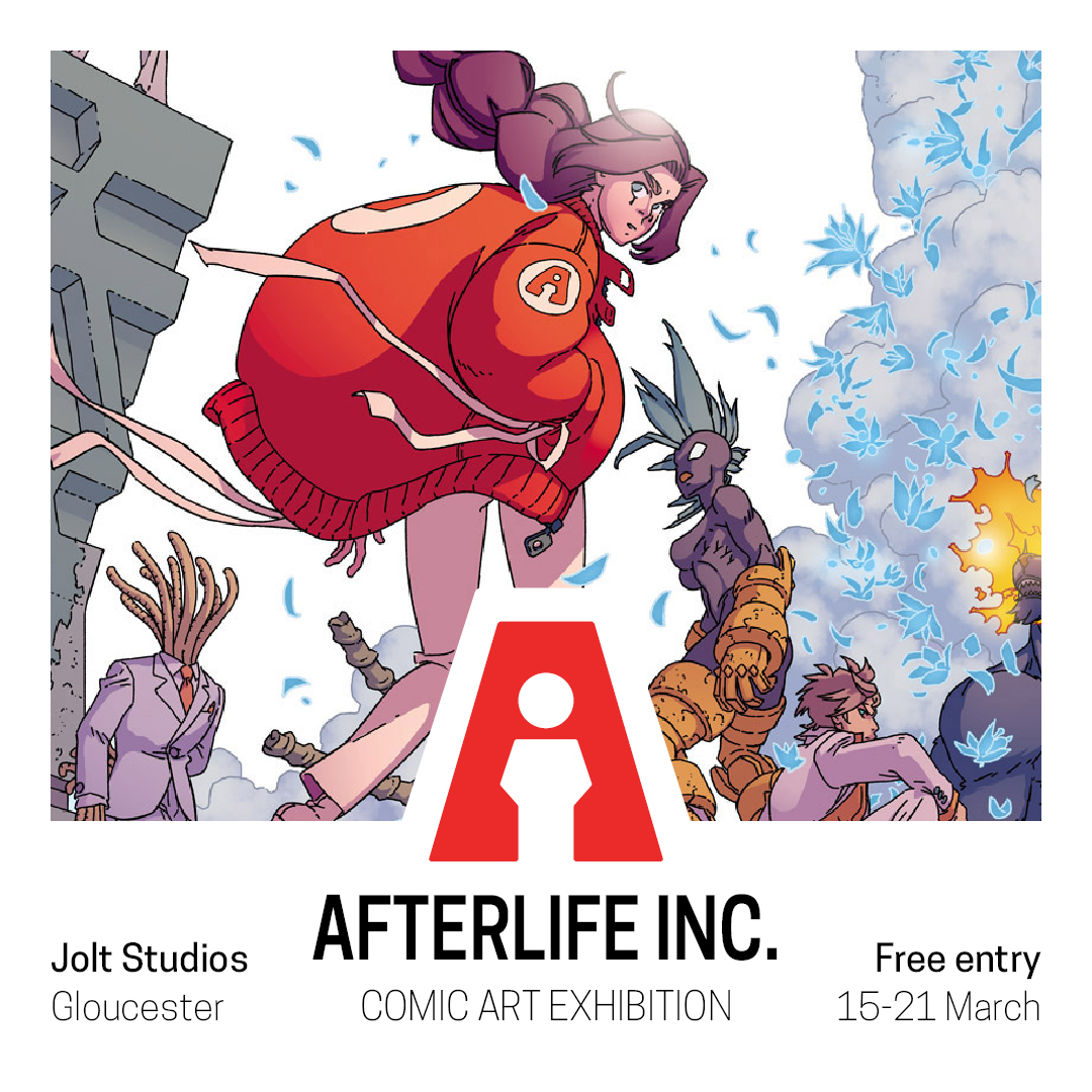 A promotional image for the Afterlife Inc. comic art exhibition showing the main cast of characters (Elizabeth, Lux, Mr Ochroid, Rich Fire and Nuriel) standing against a surreal, ruined landscape.