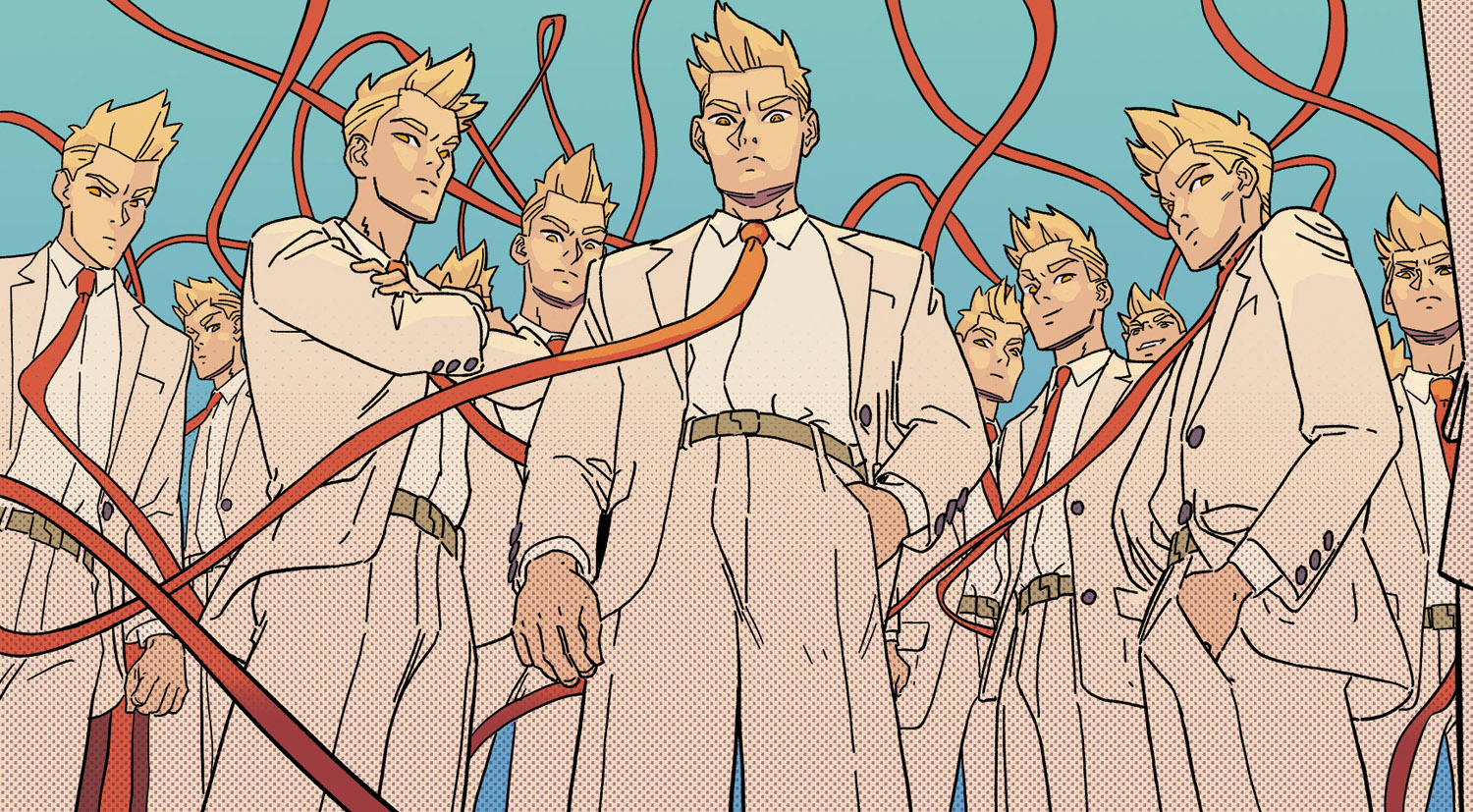 An image from Afterlife Inc. Volume 7 showing the main character Jack Fortune (a man in a white suit with a giant, prehensile red tie) surrounded by multiple identical duplicates.